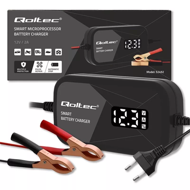 Cargador de baterías QOLTEC 52492 12V 2A con control por microprocesador y regeneración de celdas