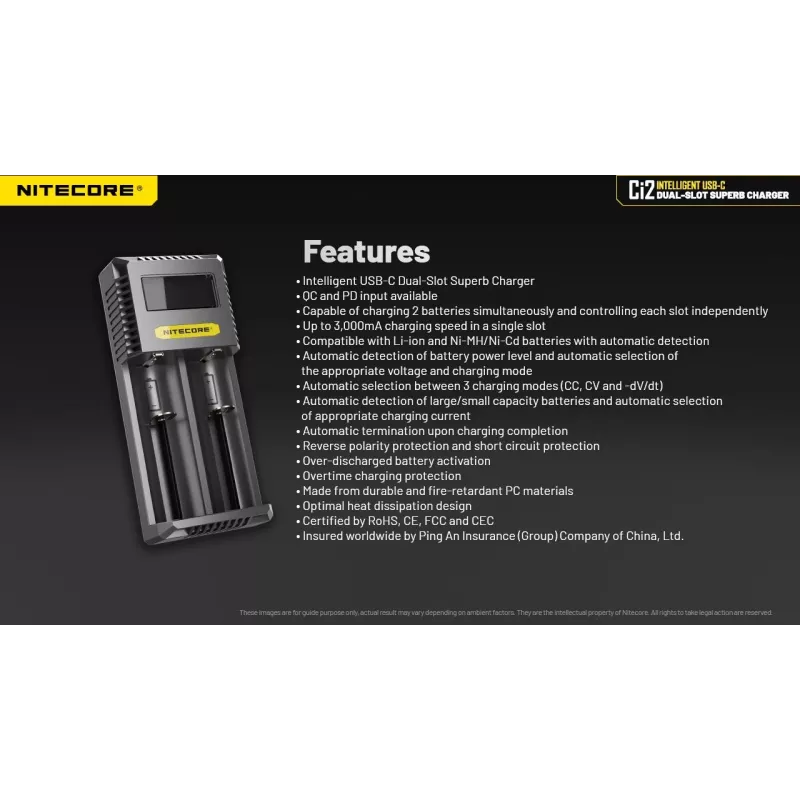Cargador de baterías Nitecore Ci12 cargador USB universal para Li‑Ion, NiCd, NiMH, entrada 3A 5/9/12V, carcasa de plástico