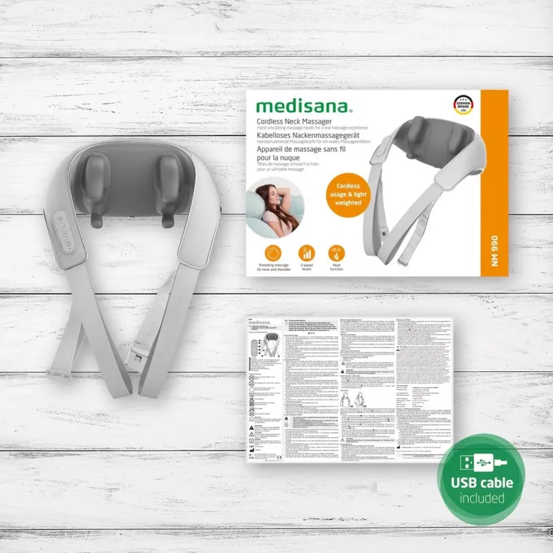 Masajeador de cuello Medisana NM 990, a pilas, 24 W, función de calor, 3 velocidades, 2 programas, gris