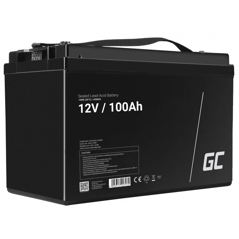 Batería de coche/naútica y ocio Green Cell AGM30 12 V 100 Ah plomo-ácido sellada (VRLA), sin mantenimiento, 171×214×330 mm