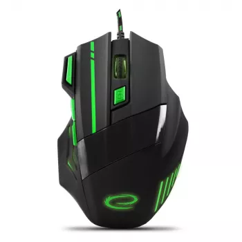 Ratón gaming con cable ESPERANZA EGM201G — para diestros, óptico 2400 DPI, 7 botones, USB Type-A, cable 1,5 m, negro/verde