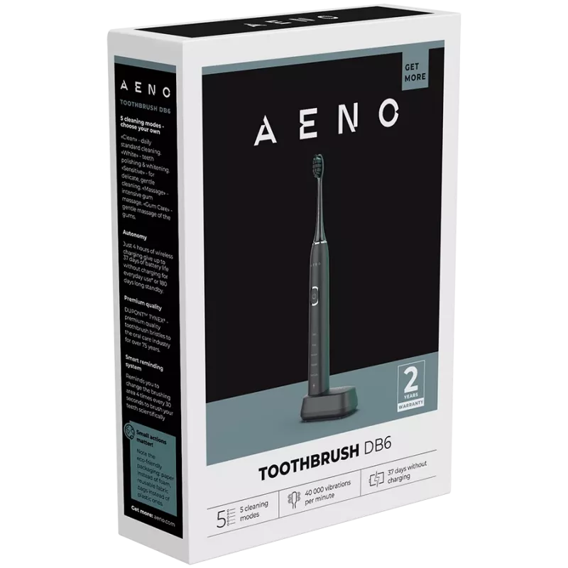 Cepillo de dientes eléctrico sónico AENO Sonic DB6: negro, 5 modos, carga inalámbrica, 46000 rpm, 40 días sin cargar, IPX7