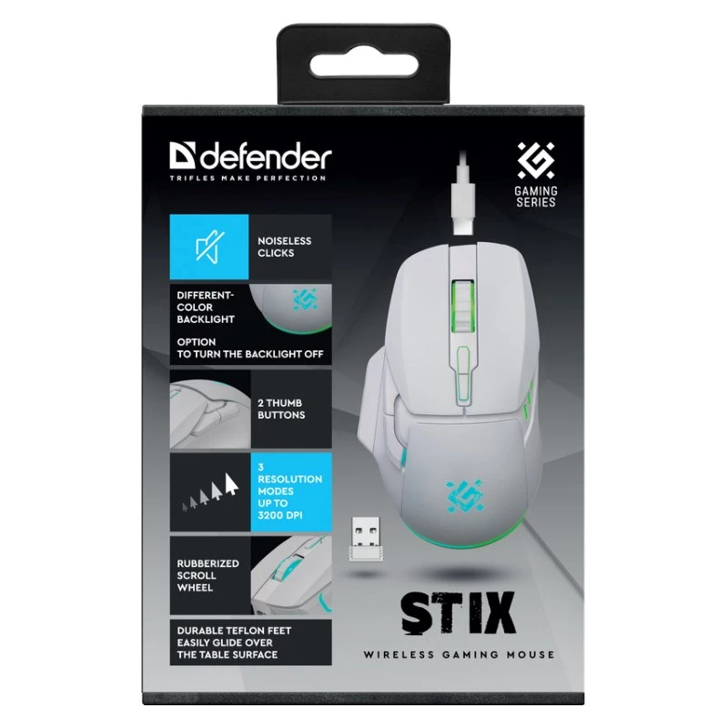 Ratón inalámbrico DEFENDER Stix GM-009 RF — óptico 3200 DPI, 6 botones, ambidiestro, USB RF, a pilas, blanco