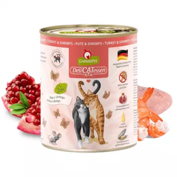 Comida húmeda para gatos Fox4Pets GRANATAPET DeliCATessen Pavo y gambas, sin cereales, 800 g, alimento completo para gatos adultos