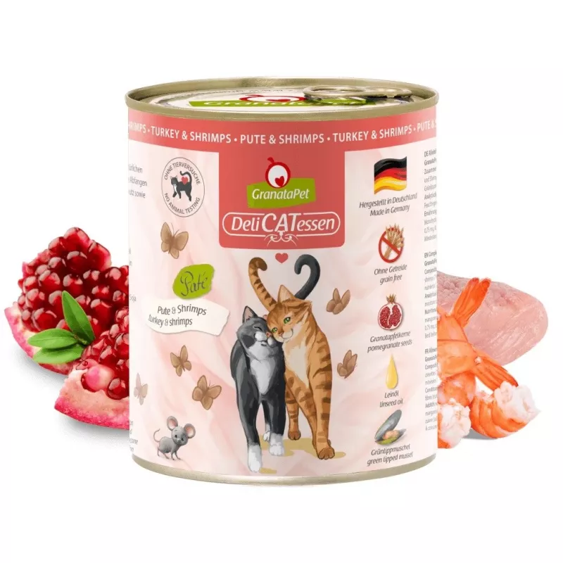 Comida húmeda para gatos Fox4Pets GRANATAPET DeliCATessen Pavo y gambas, sin cereales, 800 g, alimento completo para gatos adultos