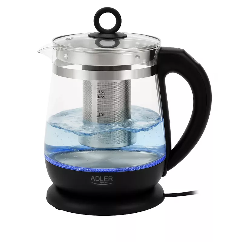 Adler Hervidor de agua | AD 1299 | Eléctrico | 2200 W | 1,5 L | Vidrio | Base giratoria 360° | Negro