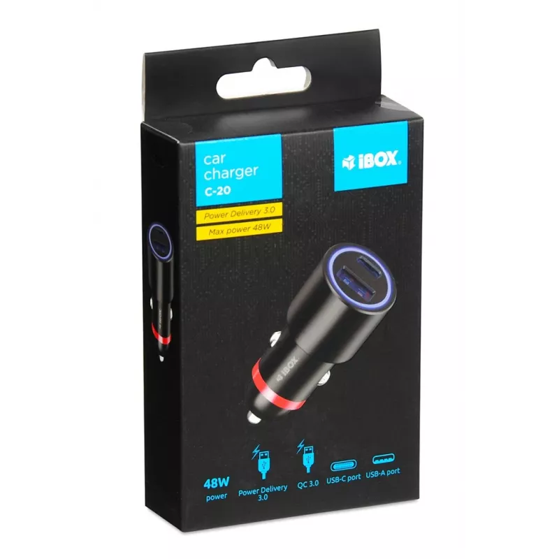 Cargador iBox ICC20 para dispositivos móviles smartphone, smartwatch, tablet negro mechero de coche carga rápida coche