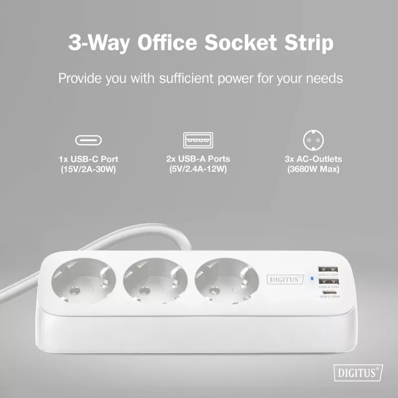 Regleta de enchufes DIGITUS 3 tomas con 2×USB-A y 1×USB-C, 3 tomas de CA tipo E/F, cable de 1,5 m, blanca