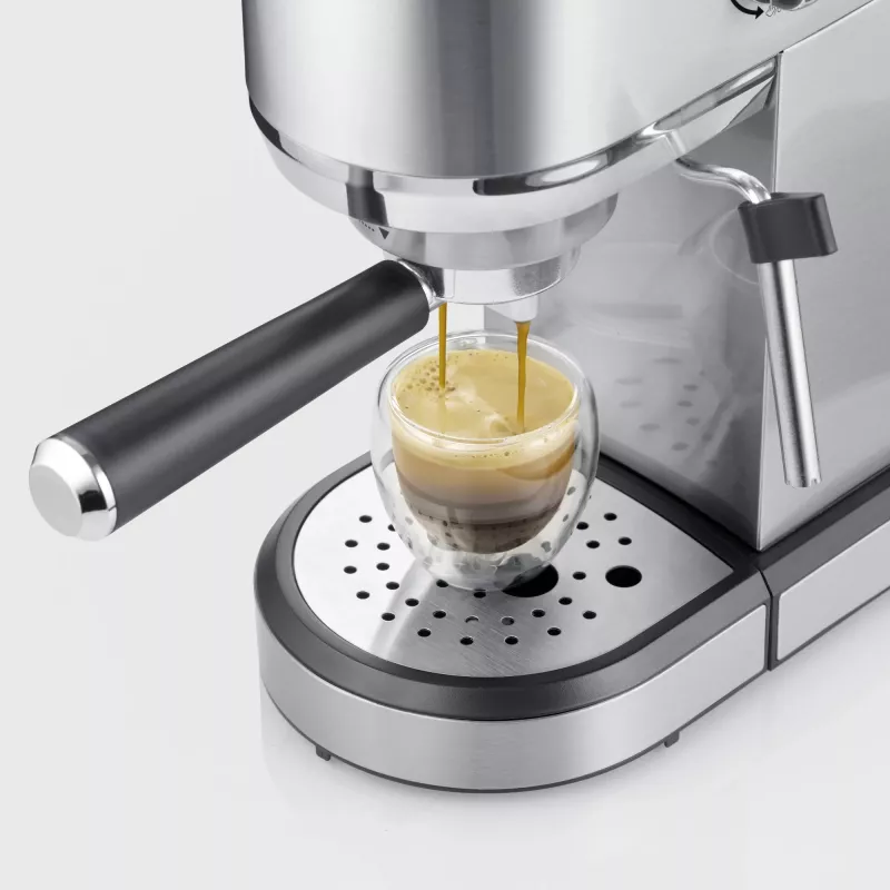 Cafetera expreso SEVERIN Newspresa KA 5997 — semiautomática, depósito de agua de 1 l, 1350 W, café molido, negra/acero inoxidable cepillado/cromo