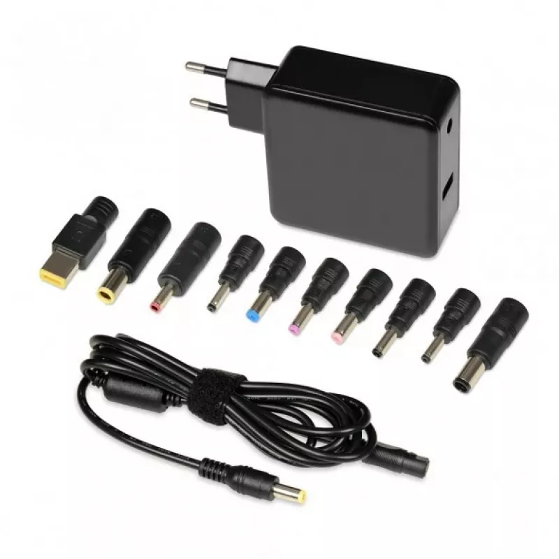 Fuente de alimentación para portátil IBOX IUZ65WA, AC/DC automática 100–240V → 18,5–20,5V, 65W, 1×USB, negra