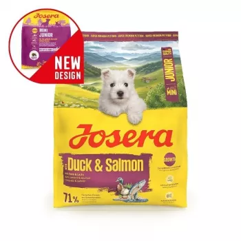 Pienso seco para perros JOSERA Mini Junior Duck & Salmon 900 g — para cachorros de razas pequeñas, proteína 29%, grasa 18%