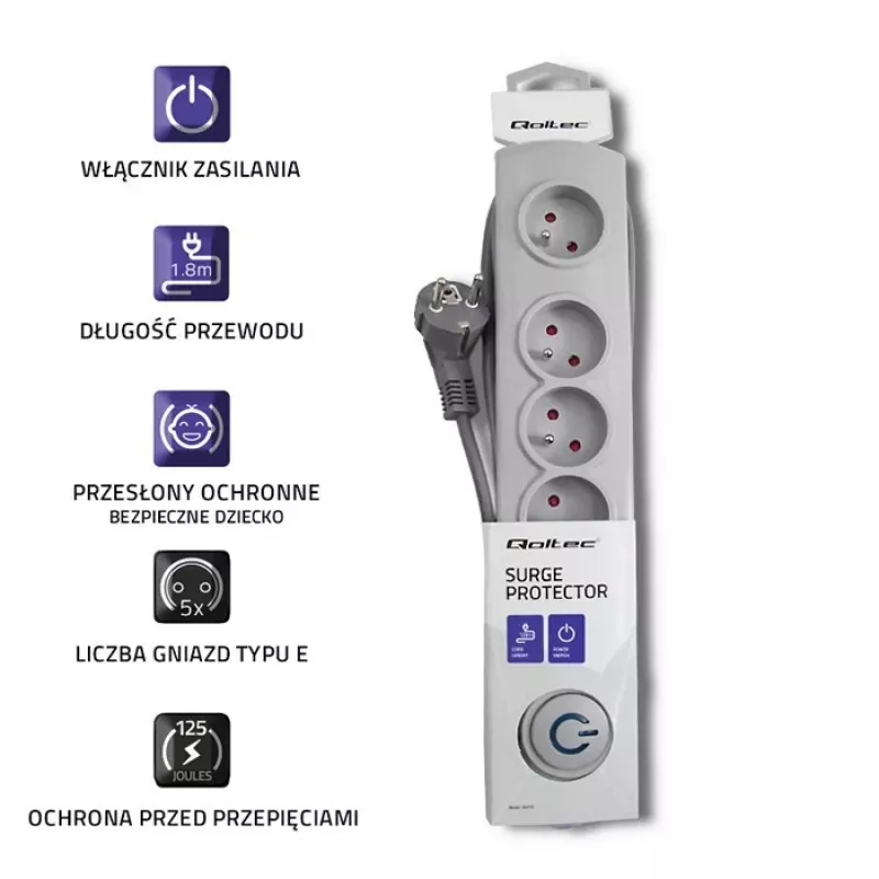 Protector contra sobretensiones Qoltec 50270 Gris 5 tomas AC 230V
