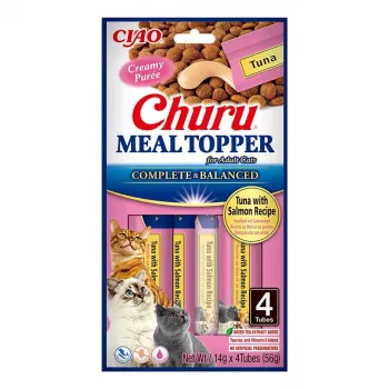 Topper de comida para gatos INABA Churu Meal Topper Atún con salmón, 4 x 14 g bolsitas