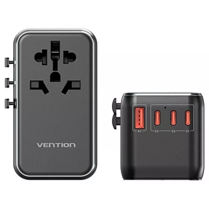 Cargador Vention FJGB0 100W GaN con 3× USB-C y 1× USB-A, negro