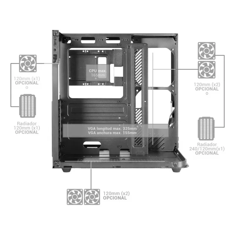 Caja de PC semitorre TACENS Mars Gaming MC-INFINIOLITE, negra, cristal templado, compatible con ATX/Micro-ATX/Mini-ITX, ventilador de 120 mm