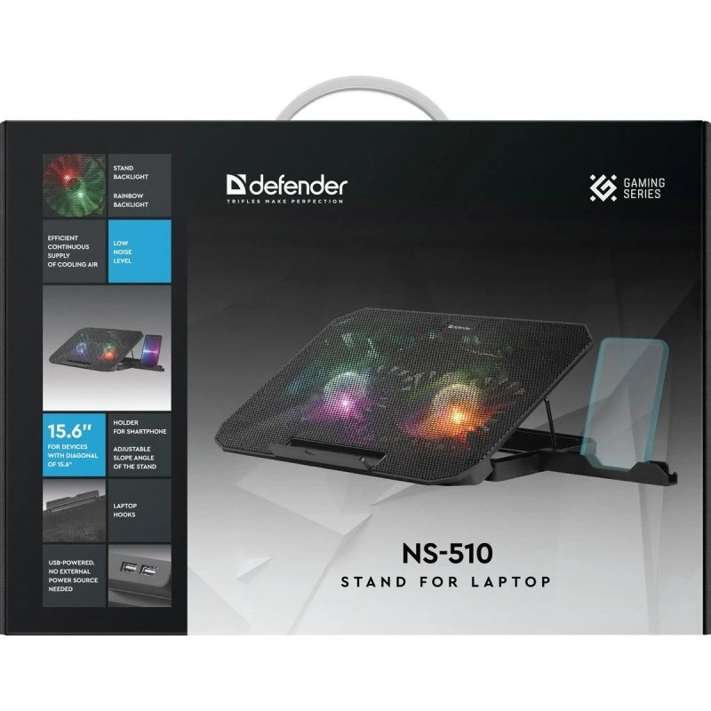 Base refrigeradora para portátil DEFENDER NS-510 con 2 ventiladores, 2 puertos USB e iluminación RGB