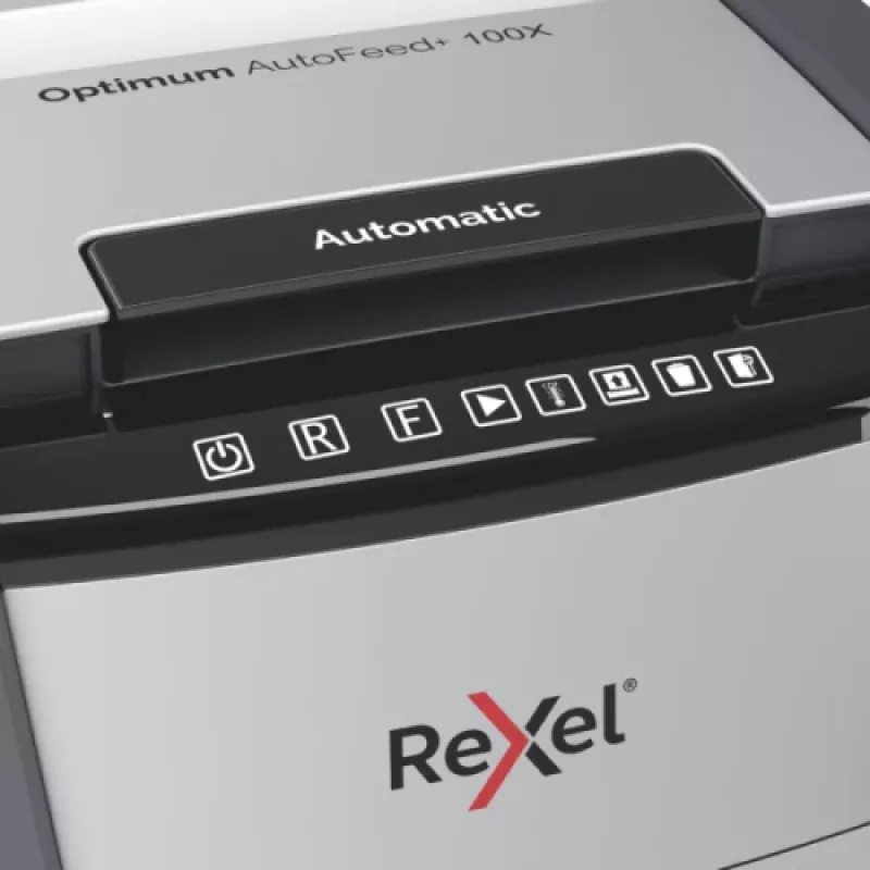 Rexel Optimum AutoFeed+ 100X destructora de papel, corte en partículas P-4 4x28 mm, 100 hojas, papelera de 34 L