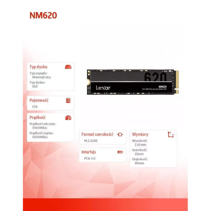 Unidad SSD Lexar NM620 1 TB NVMe M.2 2280, 3300/3000 MB/s