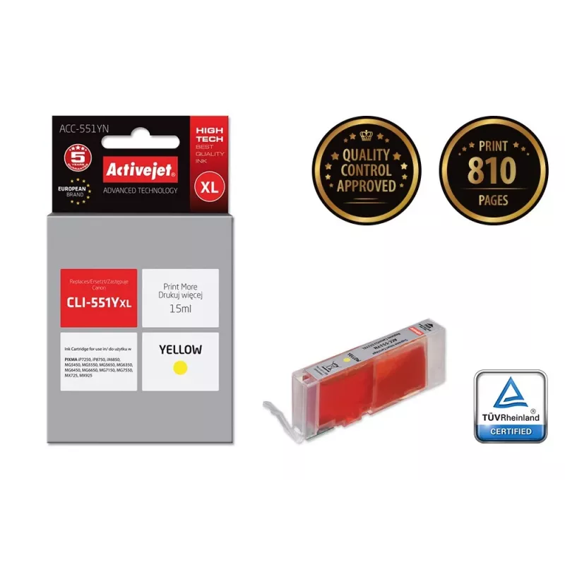 Cartucho de tinta compatible ActiveJet ACC-551YN amarillo, alta autonomía (XL) 15 ml, para Canon CLI-551Y