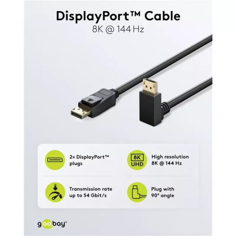 Goobay cable DisplayPort acodado a 90°, DisplayPort 2.0/2.1, 54 Gbit/s, 8K 144 Hz, 2 m