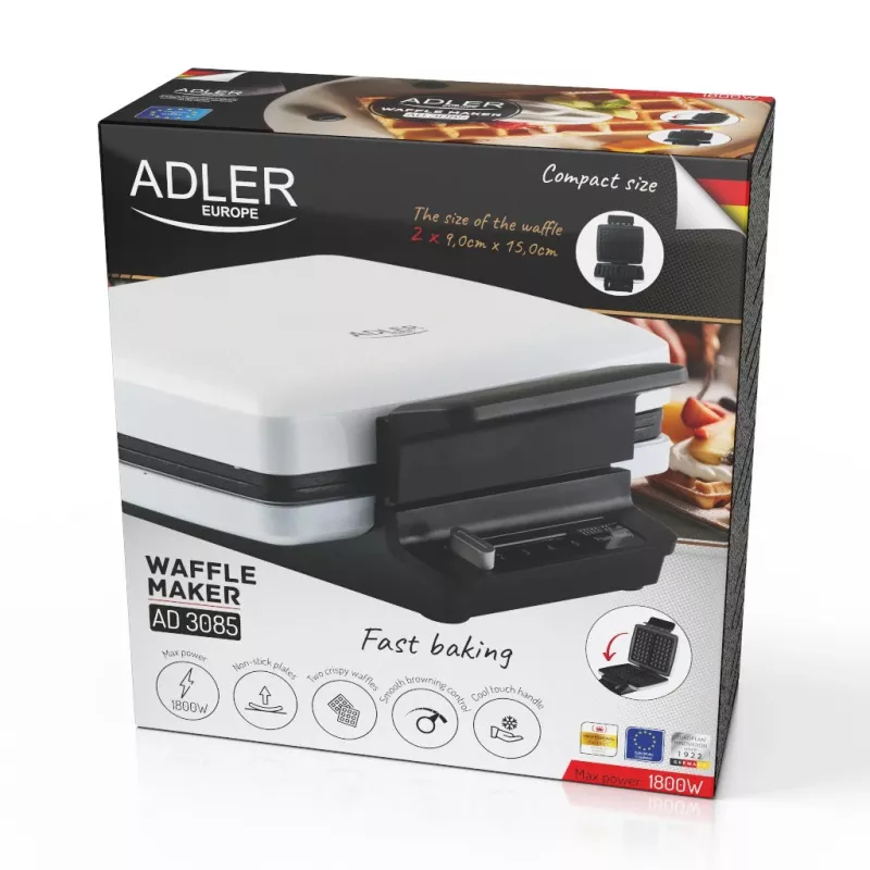 Gofrera Adler AD 3085 — 1200 W, 2 gofres rectangulares 9×13 cm, temperatura ajustable, placas antiadherentes