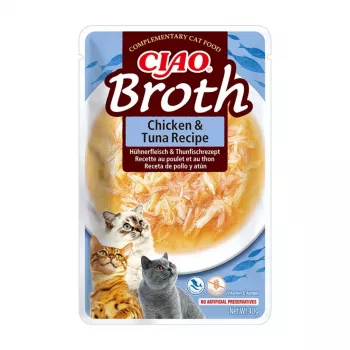 Comida húmeda para gatos en sobre INABA Ciao Broth — pollo, salmón, atún, 10 x 40 g