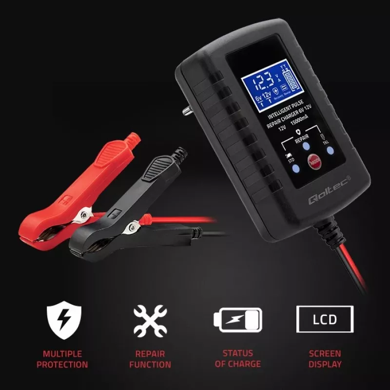 Cargador de baterías QOLTEC 52426 para baterías AGM/GEL/estándar 6V/12V 2A con indicador LED