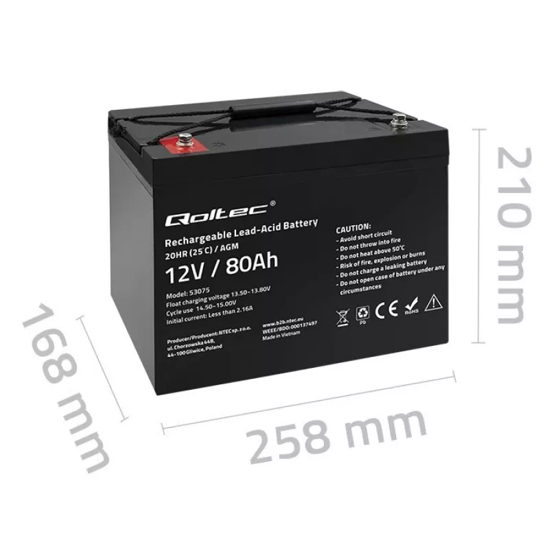 Qoltec Batería AGM | 12V | 80Ah | 23,5kg | Sin mantenimiento | Potente | LongLife | para SAI, autocaravana, barco, caldera