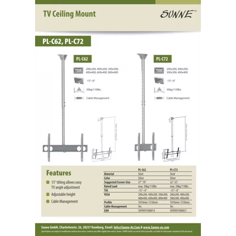 Sunne PL-C62 - Kit de montaje (soporte de techo) - para pantalla plana - Acero - Plata - Tamaño de pantalla: 94-160 cm (37-63 inch)