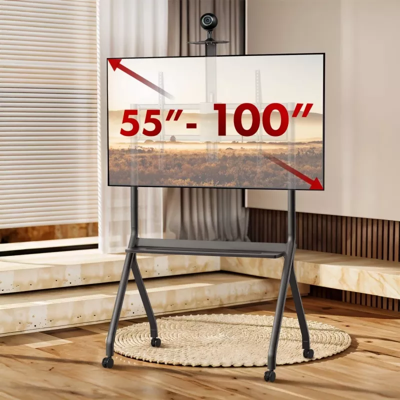 Soporte de TV MACLEAN MC-114 B soporte de suelo portátil para pantallas de 55–100 inch, carga máx. 120 kg, VESA 200x200–900x600, altura 115–152 cm, negro, estante