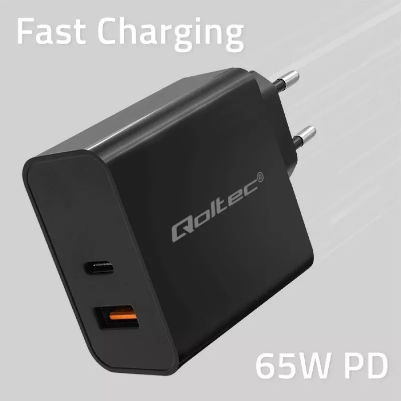 Qoltec 52380 Cargador Super Quick PD | 1xUSB-C | 1xUSB | 65W | 5-20V | 1,5-3,25A | negro