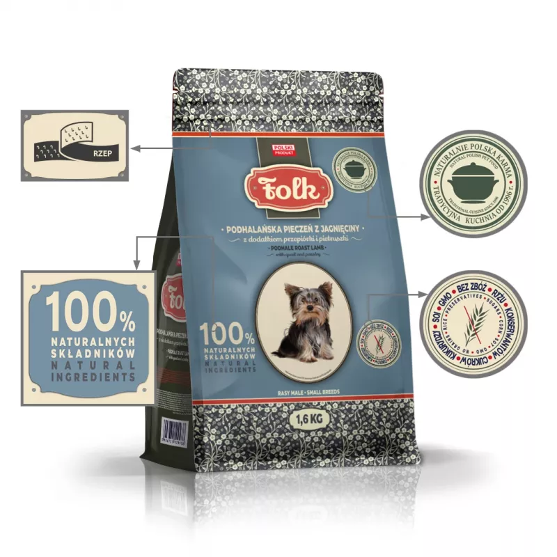 FOLK Razas pequeñas Asado de cordero al estilo Podhale con codorniz y perejil - Comida seca para perros - 1,6 kg