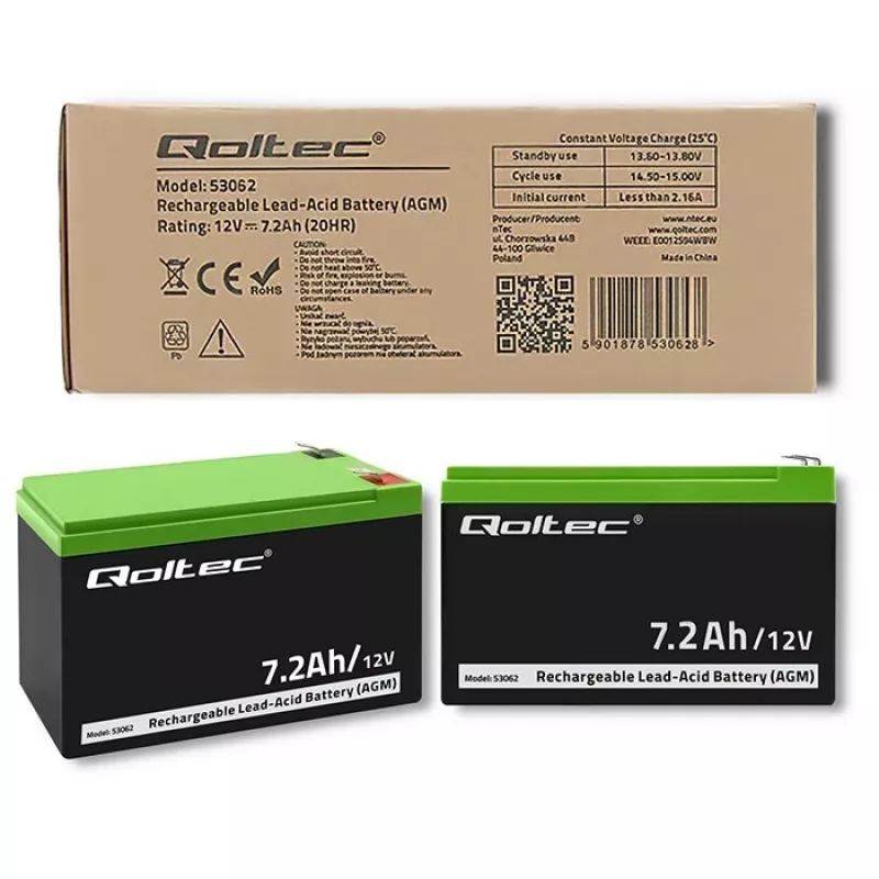 Batería Qoltec 53062 AGM | 12V | 7,2 Ah | máx. 108A