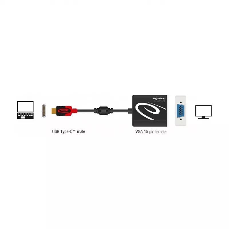 Adaptador de cable de vídeo DeLOCK 62994 USB Type-C a VGA 0,2 m negro