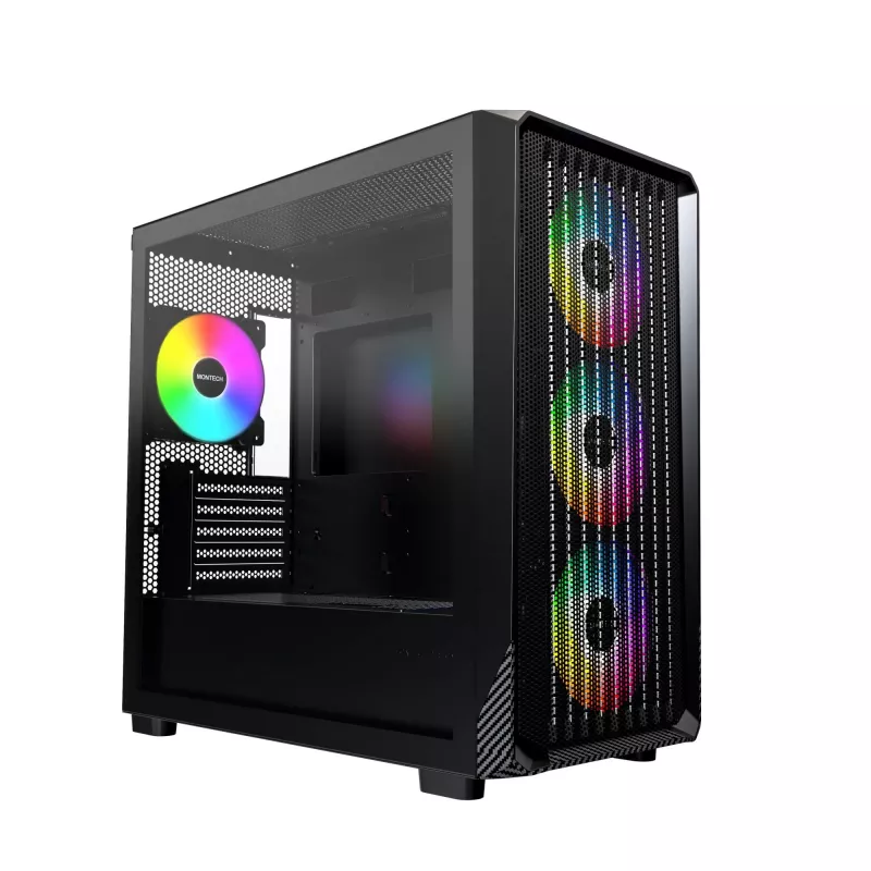 Montech X5M (B) caja de PC Micro Tower – Micro-ATX/Mini-ITX, 3x120mm frontal, 1x120mm trasero, compatible con fuentes ATX, 2x3,5 pulgadas + 4x2,5 pulgadas, negra