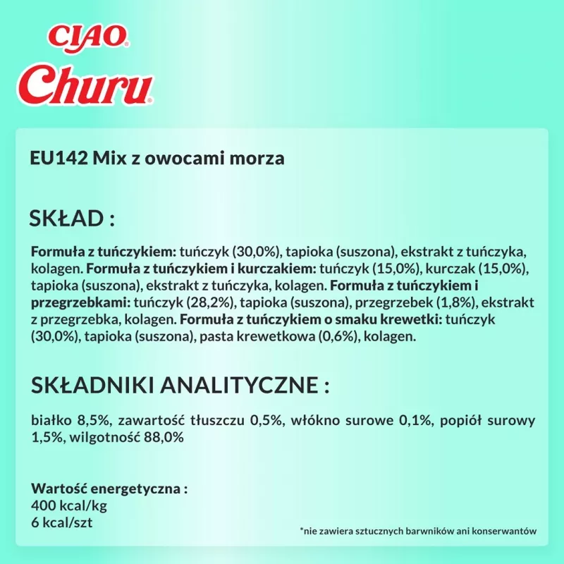 Snacks húmedos para gatos INABA Churu caja surtida atún con marisco — 40 sobres de pasta de 14 g, sin cereales, sin azúcar