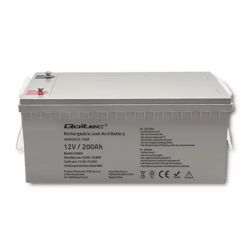 Batería AGM recargable QOLTEC 53069 12V 200Ah para alimentación de respaldo y sistemas SAI