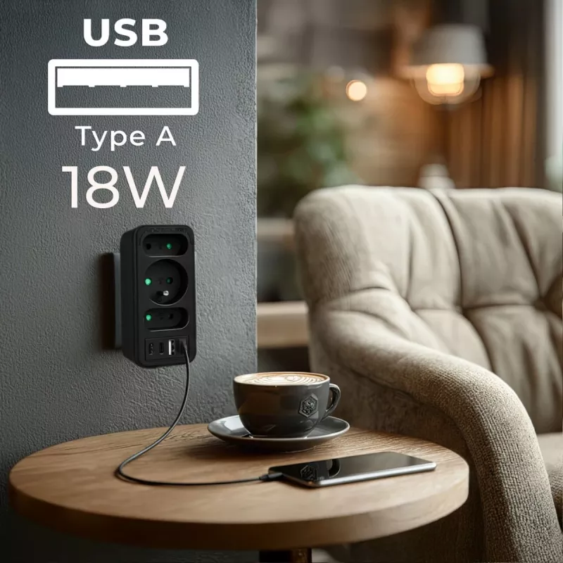 Regleta de enchufes MACLEAN MCE248 F/B — 3 tomas AC (1x16A, 2x6A) y 4 puertos USB (2xUSB‑A, 2xUSB‑C PD 20W), conector EU, negro