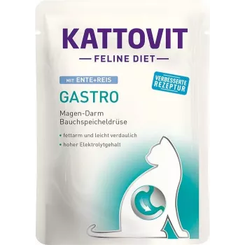 Comida húmeda para gatos KATTOVIT Adult Duck & Rice sobre 85 g — apoyo del tracto gastrointestinal, insuficiencia pancreática