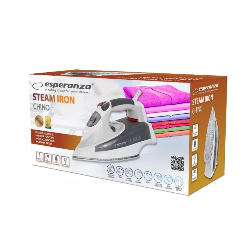 Esperanza CHINO EHI009 plancha de vapor 2400 W, suela de cerámica, depósito de 0,3 l, planchado con vapor y en seco, 220–240 V, 50–60 Hz, cable de 1,5 m, blanca