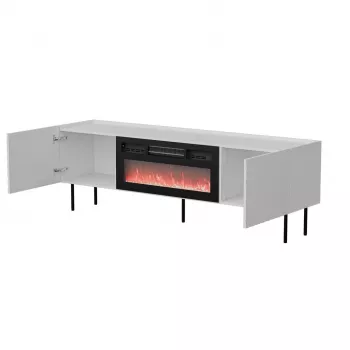 Mueble TV cama meble LUCCA 180x40x59 cm, superficie y marco blancos, chimenea eléctrica negra
