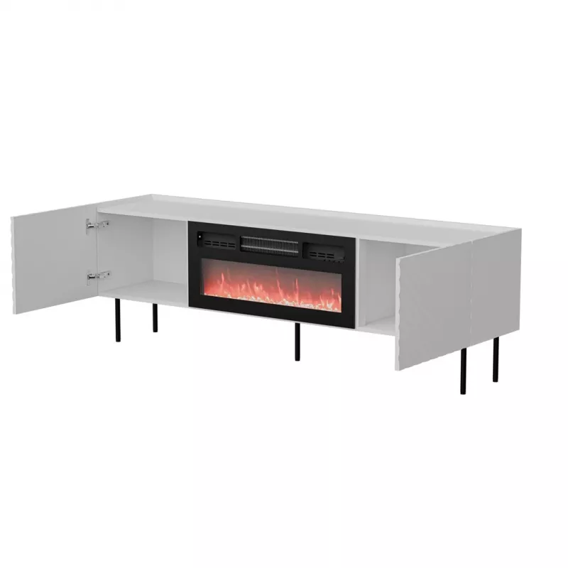 Mueble TV cama meble LUCCA 180x40x59 cm, superficie y marco blancos, chimenea eléctrica negra
