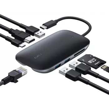 Dock para portátil AUKEY CB-C71 — 3x USB-C (USB 3.2 Gen1), HDMI, RJ-45, MicroSD, USB PD 100 W, cable de 0,15 m, negro
