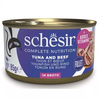 SCHESIR en agua de cocción Atún con ternera y arroz - Comida húmeda para gatos - 85 g