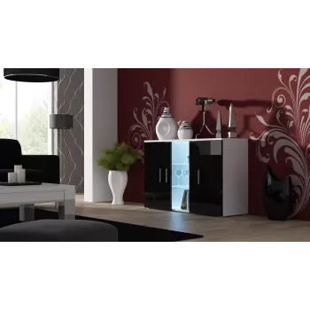 Aparador Cama Meble SOHO S7 120 cm – 3 puertas, 4 baldas, parte superior blanca, negro brillante