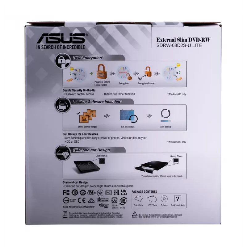 Unidad óptica externa DVD±RW ASUS SDRW-08D2S-U Lite, USB 2.0, negra, 24x CD / 8x DVD, 142×142×20 mm