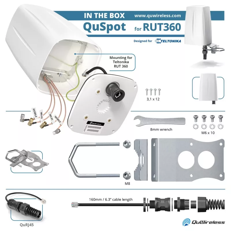 QuWireless QuSpot A360S antena LTE + Wi-Fi omnidireccional para Teltonika RUT360, PoE/LAN, 6 dBi, IP67, blanca