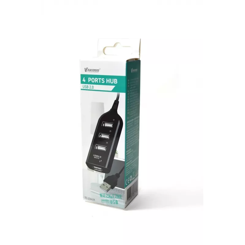 Hub USB VAKOSS TC-234UX — hub USB 2.0 de 4 puertos, alimentación DC (5 V, 1 A), negro