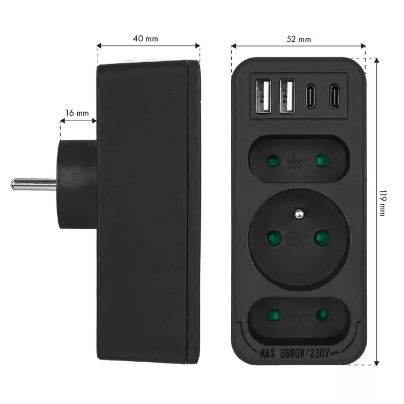 Regleta de enchufes MACLEAN MCE248 F/B — 3 tomas AC (1x16A, 2x6A) y 4 puertos USB (2xUSB‑A, 2xUSB‑C PD 20W), conector EU, negro