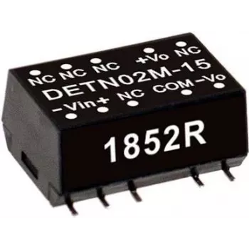 Fuente de alimentación mean well DETN02M-05 — entrada 10,8–13,2 V, salida 5 V, 2 W, RoHS, profundidad 15,2 mm